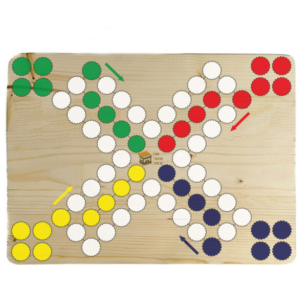 Ein weiteres Gemeinschaftsspiel, dass 2 – vier verschiedene Mitspieler haben kann. In einem Kreuz sind viele weiße Felder ausgerichtet und außen sind die Bunten Felder : 4 Stück an der Zahl.